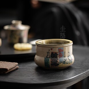 圭隐堂锦灰堆建水洗水草木灰手绘陶瓷茶渣缸家用复古茶洗杯洗水盂