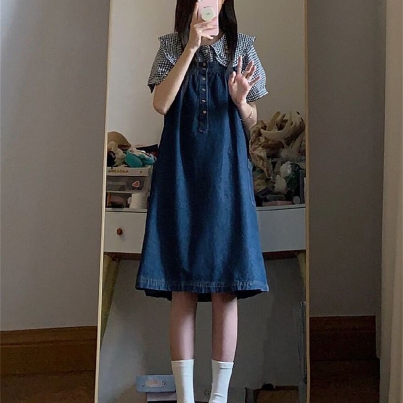 大码胖妹妹套装2024夏装新款宽松显瘦大口袋牛仔背带裙娃娃领衬衫