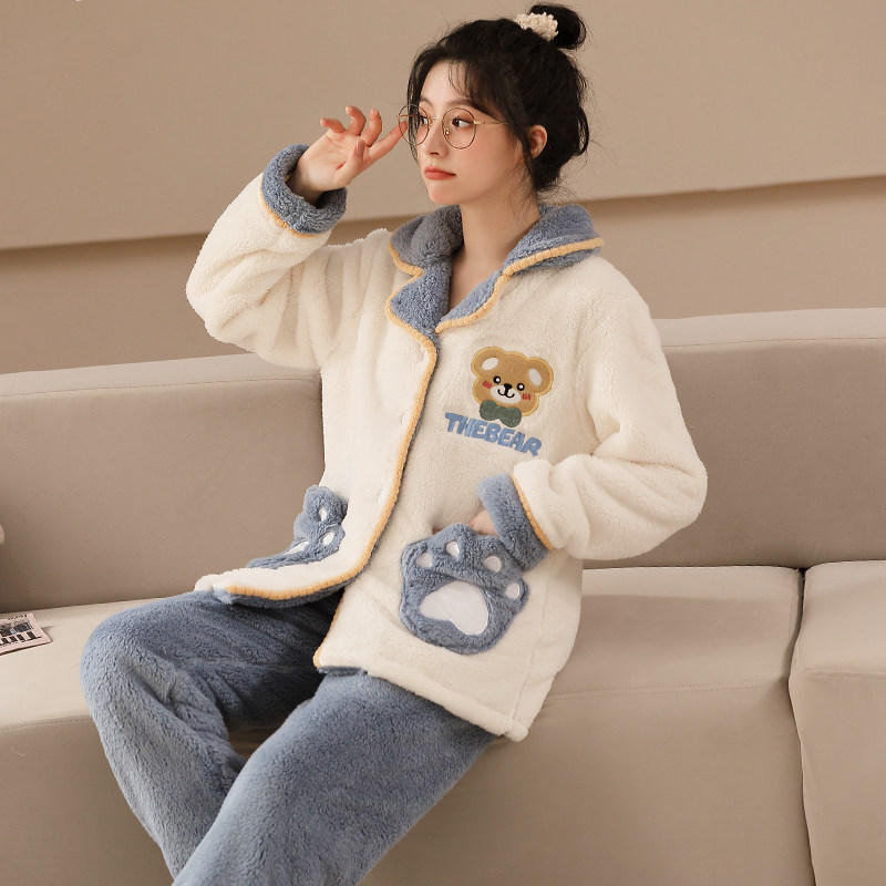 情侣睡衣女冬季珊瑚绒加绒加厚男士保暖冬天法兰绒可爱居家服套装