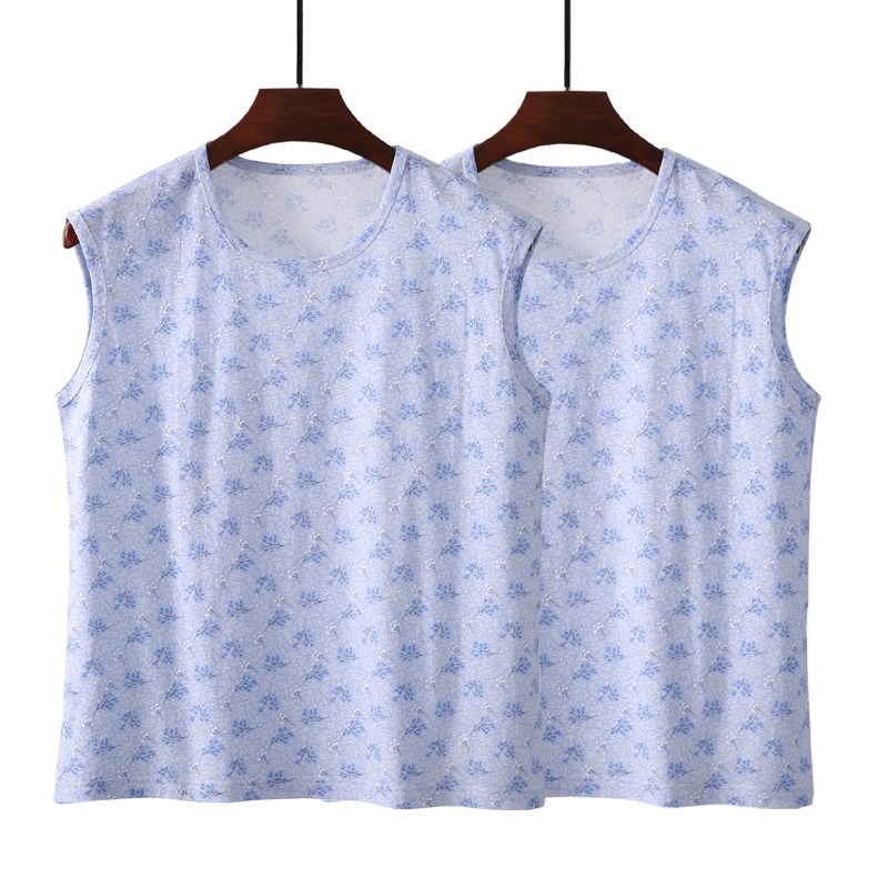 中老年女士纯棉宽肩背心夏季薄款妈妈碎花汗衫砍袖婆婆无袖衫上衣