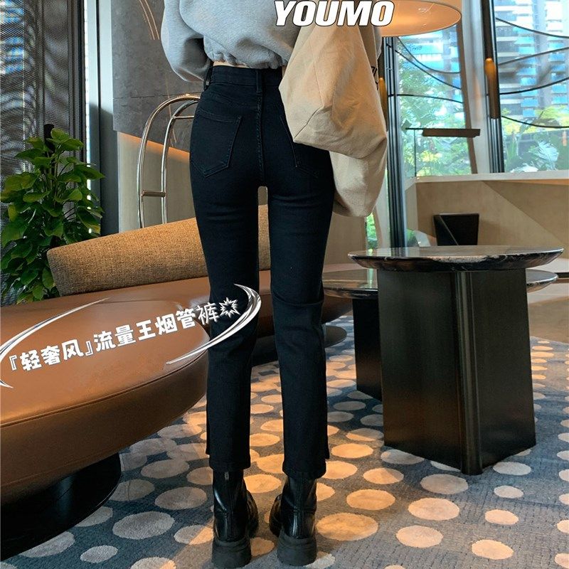 黑色加绒直筒牛仔裤女秋冬小个子七分小黑裤高腰显瘦八分烟管裤子