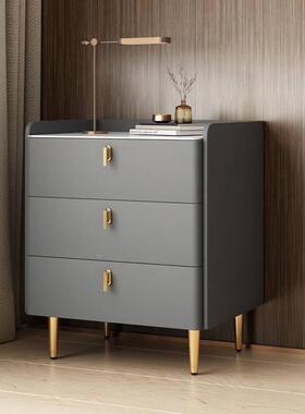 三抽岩台板面床柜卧床室极简实木皮质轻奢收纳柜边储QZT物置头物