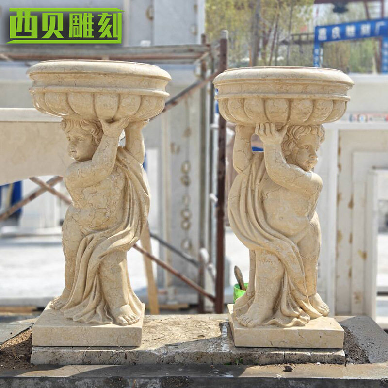 大理石欧式经典男孩浮雕图案花盆 欧式别墅大型花园 石雕花盆厂家