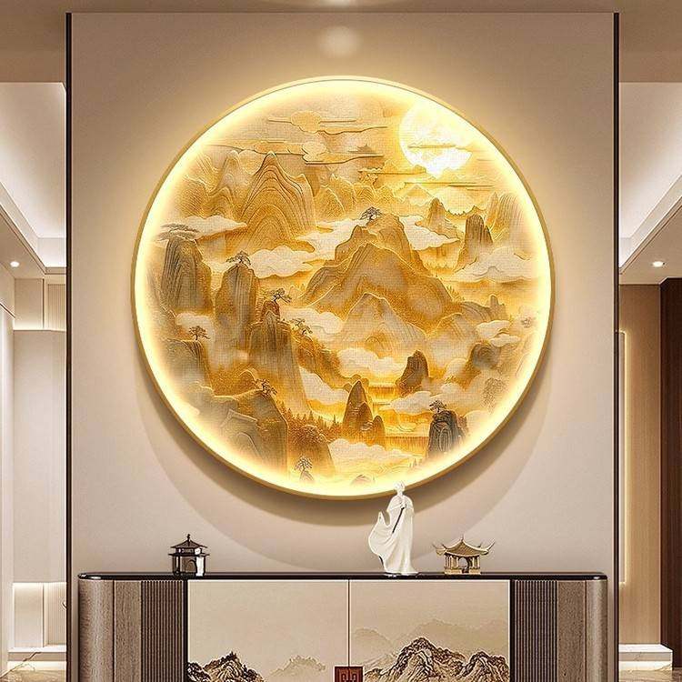 日出东方玄关装饰画轻奢山水走廊尽头挂画新中式入户圆形带灯壁画