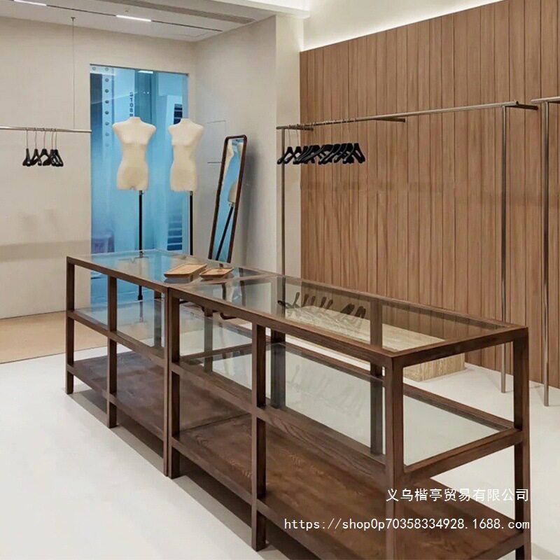 网红实木中岛柜服装店流水台置物架饰品陈列摆台胡桃色展示架新款