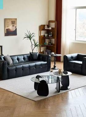 兴意排式简约AJO双人黑色皮沙发户型厅现代简约客直猫爪皮小沙发