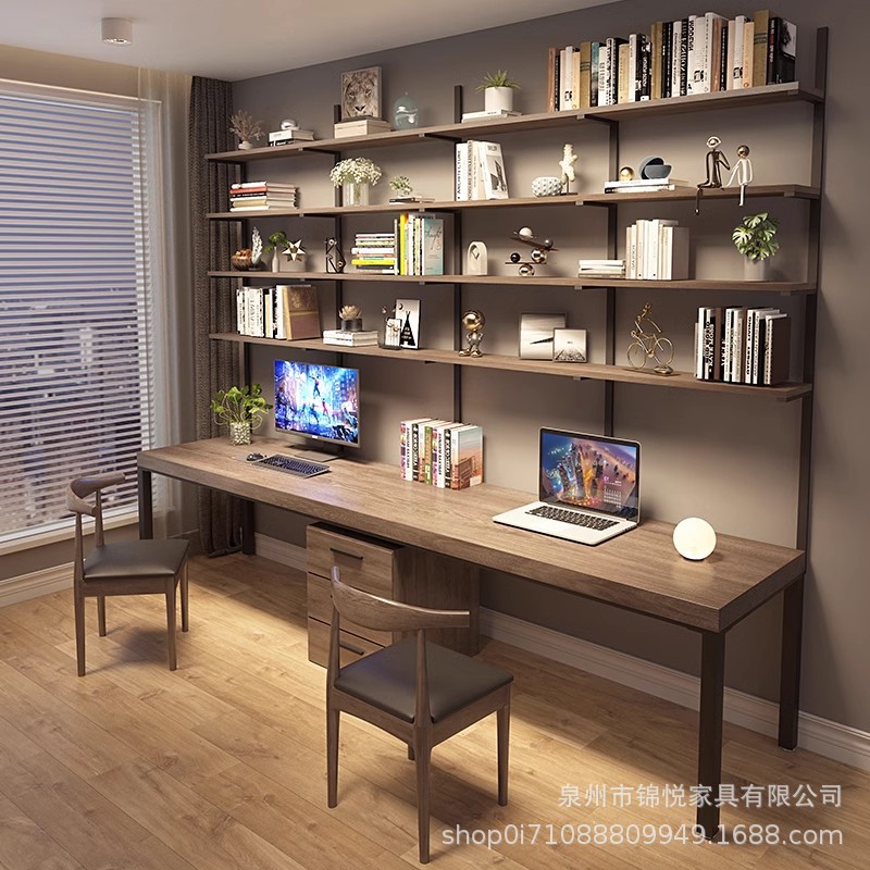 免钉墙loft实木书桌书架一体双人台式电脑桌简约家用书桌卧室学习