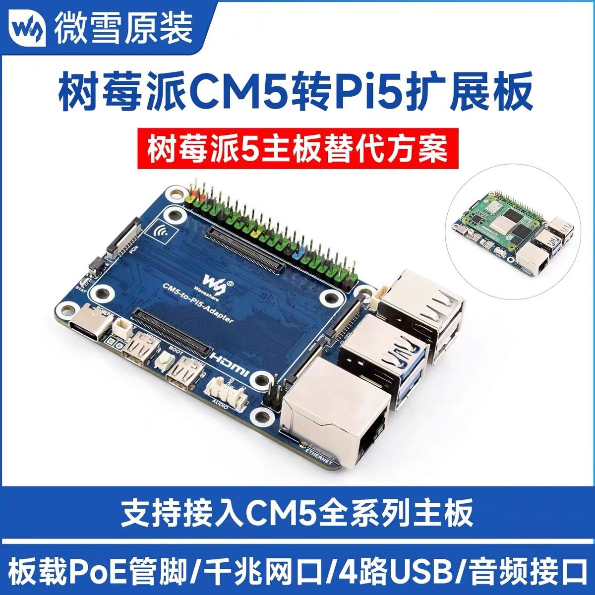 微雪CM5转Pi5扩展板RJ45/HDMI