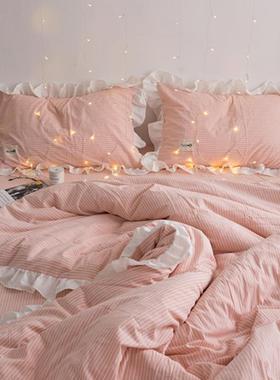 棉之朴.棉四件套水洗棉条简约纹被公BME主风荷叶边品套床上用aω