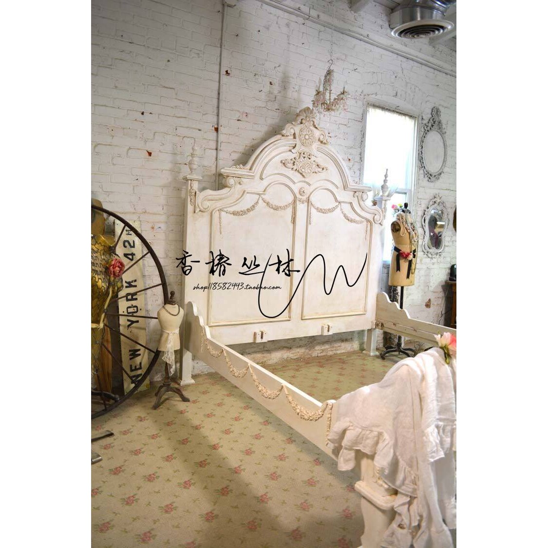 法式复古实木雕花女孩床欧式公主床美式仿古白色做旧雕刻婚床家具
