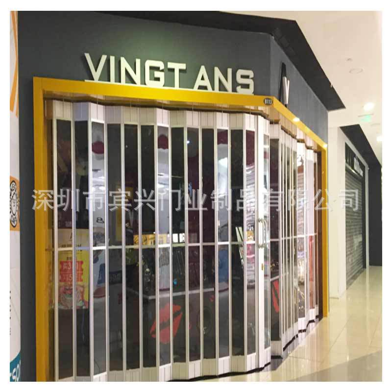 商铺折叠推拉门水晶透明横拉闸门商场铝合金边框弧型横向折叠门