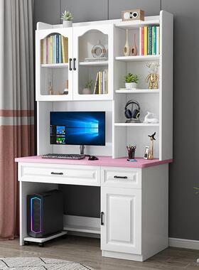 电脑桌实木书用桌书架一体学生儿NHW童家室卧台式写带字学习桌子