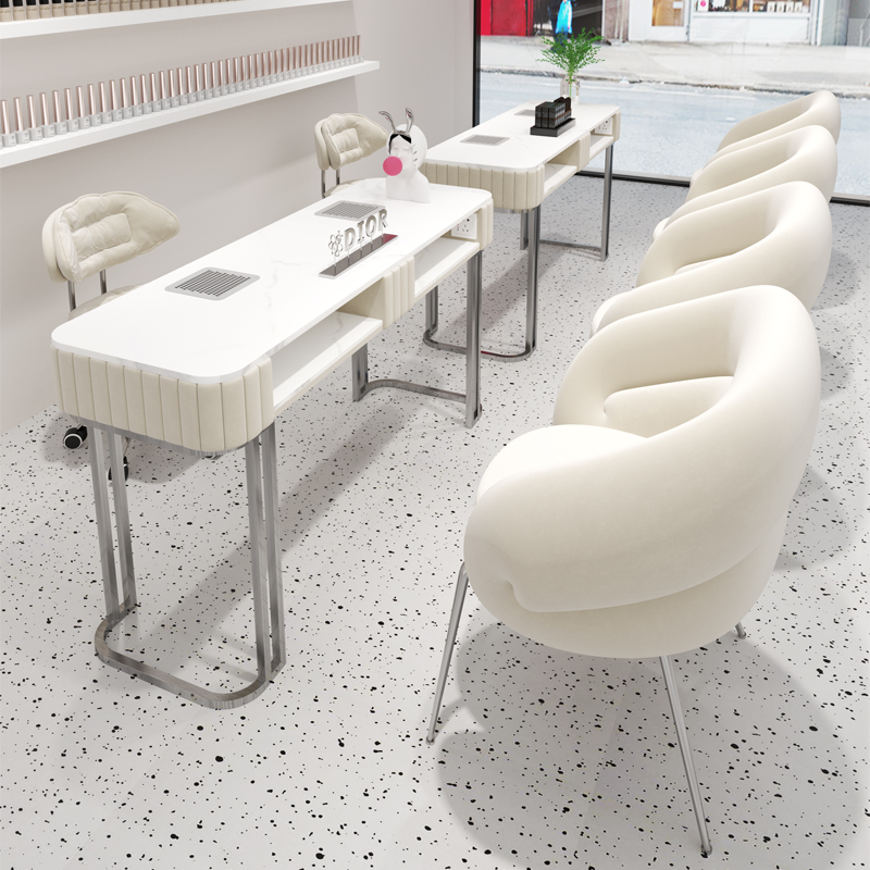 中闽芸尚不锈钢奶油风美甲桌椅装内嵌大功率吸尘器不漏灰美甲台