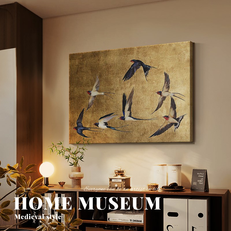 法式中古风客厅沙发背景墙装饰画宋代美学挂画复古玄关尽头画燕子