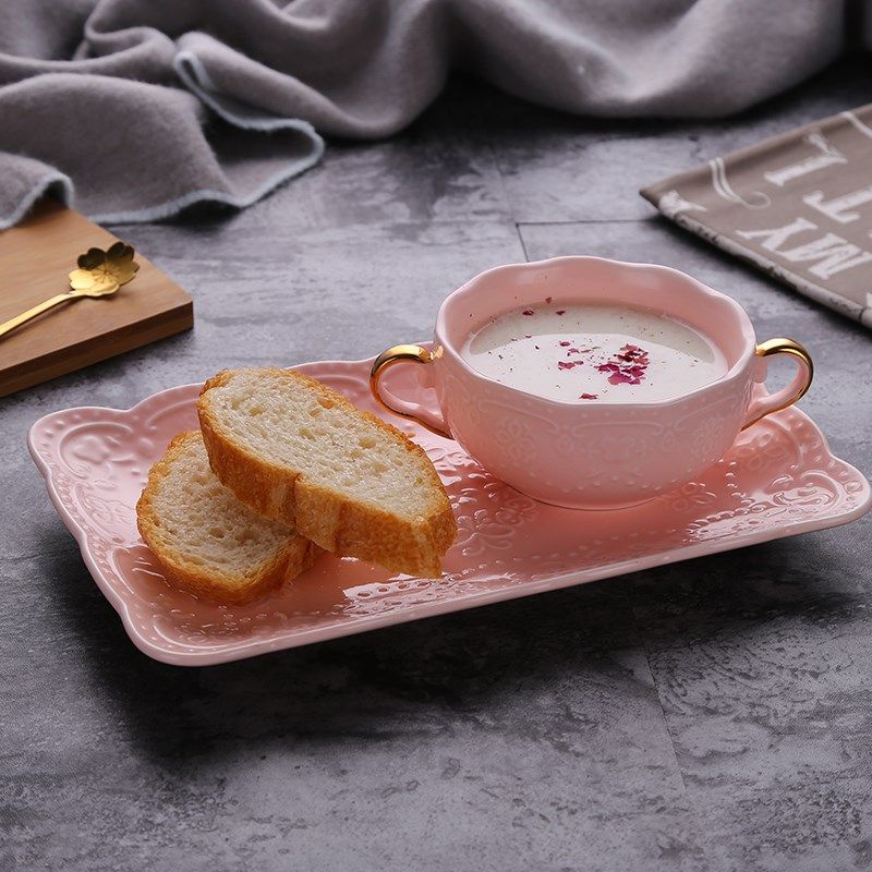 金边粉色陶瓷碗双耳碗欧式创意陶瓷碗奶汤碗汤盅西餐甜品碗燕窝碗