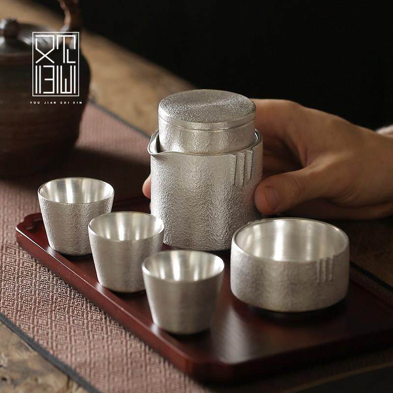 银涧快客杯纯银包瓷 旅行茶具套装 手工鎏银一壶两杯简约便携办公