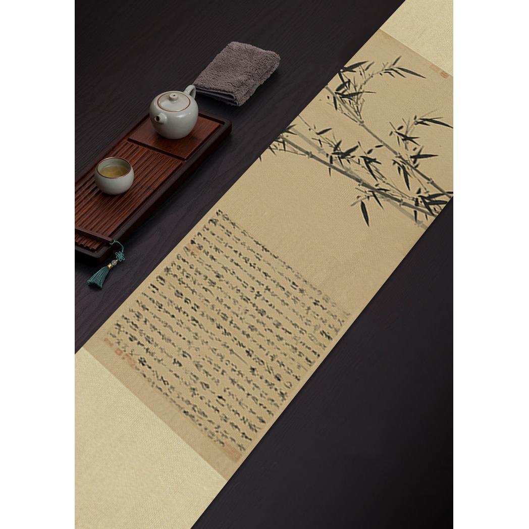 墨竹图桌旗中式风格长条茶桌布 可订制防水古画棉麻泡茶垫