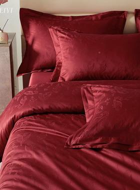 款红色提花棉四件套纯全棉100S长绒被套床PVR单喜新庆高端床棉上