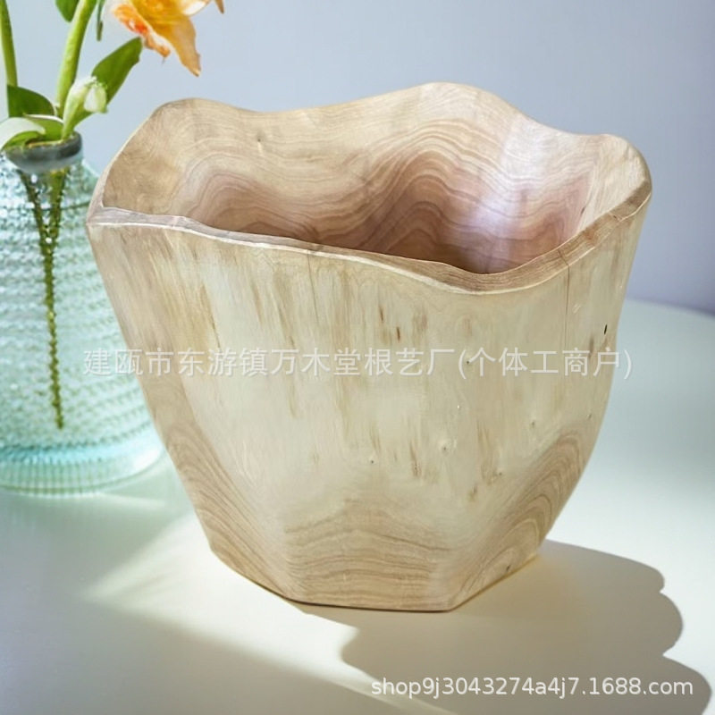 原木风实木手工根雕花桶