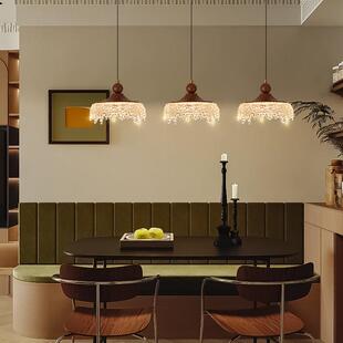 法ZOL式 中古风餐厅三头吊头灯复古胡桃色木水滴吊走灯卧室廊床小