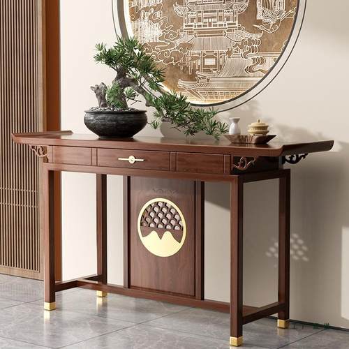 新中式实木玄关金色榆木轻条案供台KQK现代简约奢入桌户门厅端乌