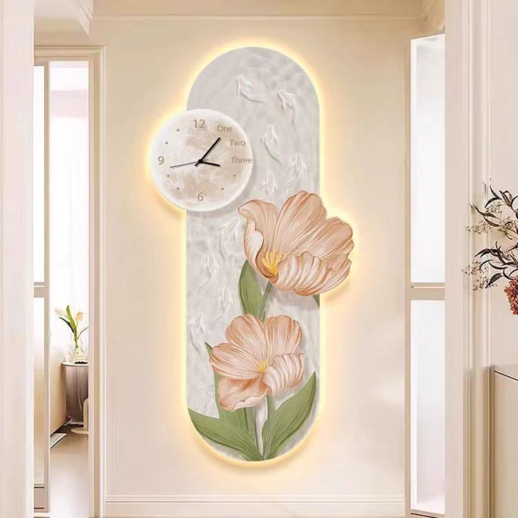 挂奶油风玄关钟表装画门入ZZV户正对钟新饰款创意立体花朵时钟灯