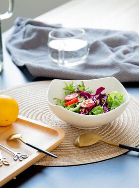 意TOW纯白色骨瓷沙拉碗异形角四台角碗盘子菜盘家用面方形盘子摆