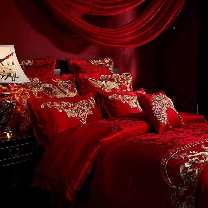 婚件套刺绣凤全纯棉新结庆婚贡缎大红龙出ZRH嫁喜被长绒棉床上用