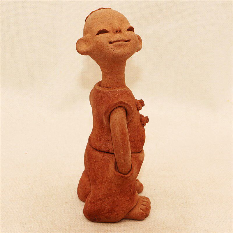 陶瓷工艺品纯手工土陶泥娃娃家居 人物粗陶 陶土 小长脖子摆件
