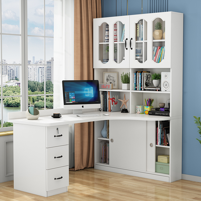 简约实木转角书桌书架一体书柜台式电脑桌家用儿童学生学习桌