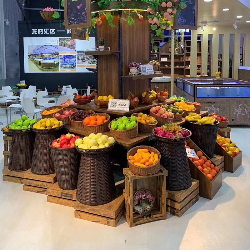 超市水果陈列筐水果筐藤编堆头篮果蔬展示编织货架筐子梯形花茶篮