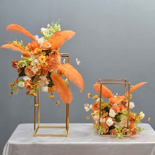 婚庆道具几何铁艺假花花艺酒店婚礼主桌花羽毛款桌花KTV装饰摆件