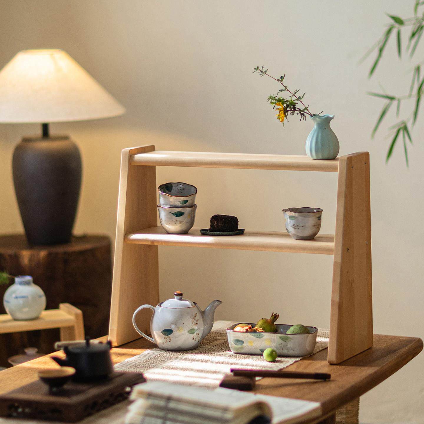 掬涵实木桌面置物架多层收纳层架墙上置物架茶杯架茶壶架茶具收纳