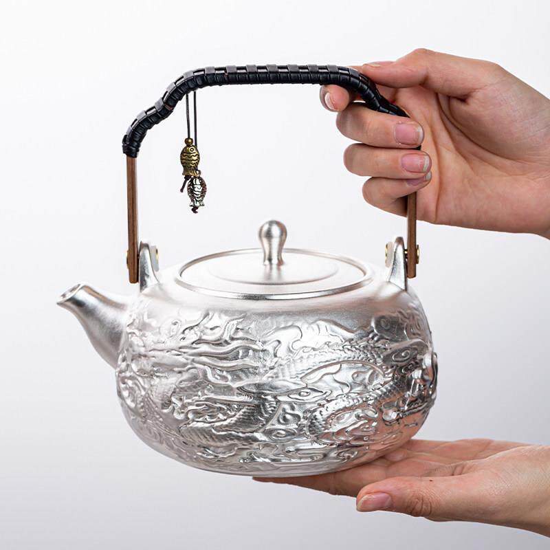 龙腾四海提梁壶煮泡茶壶提梁银壶手工瓷胎包银防烫烧水壶家用精致
