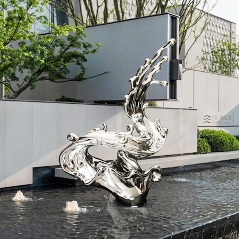 不锈钢水花雕塑定制大型水景镜面发光地产景观水滴浪花户外摆件