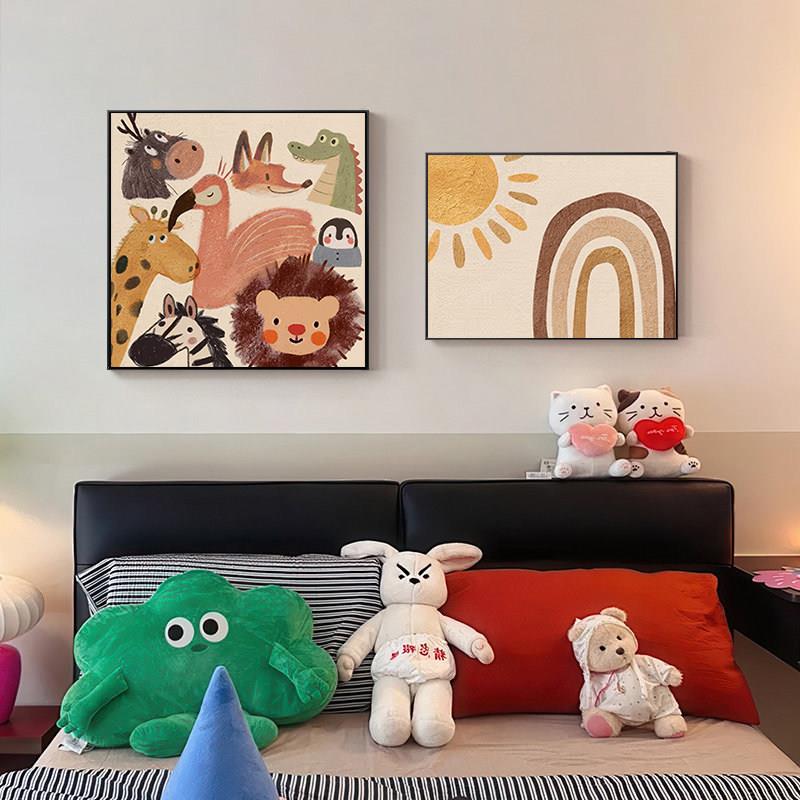 多巴胺儿童房装饰画可爱小动物卧室床头挂画餐厅背景墙壁画组合画