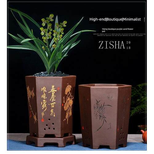 宜兴紫砂花盆带托盘兰花花盆镀金六角形花盆Clivia花盆兰花盆景花