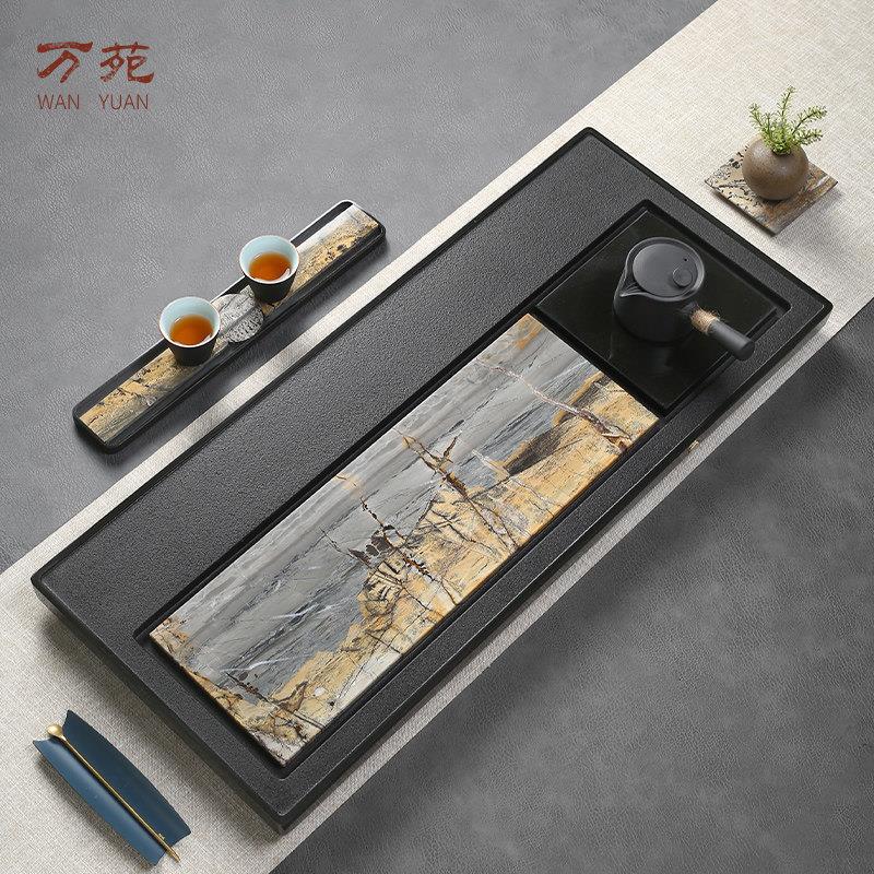 天然乌金石茶盘嵌入式国画石茶盘现代简约轻奢功夫茶具排水式茶海