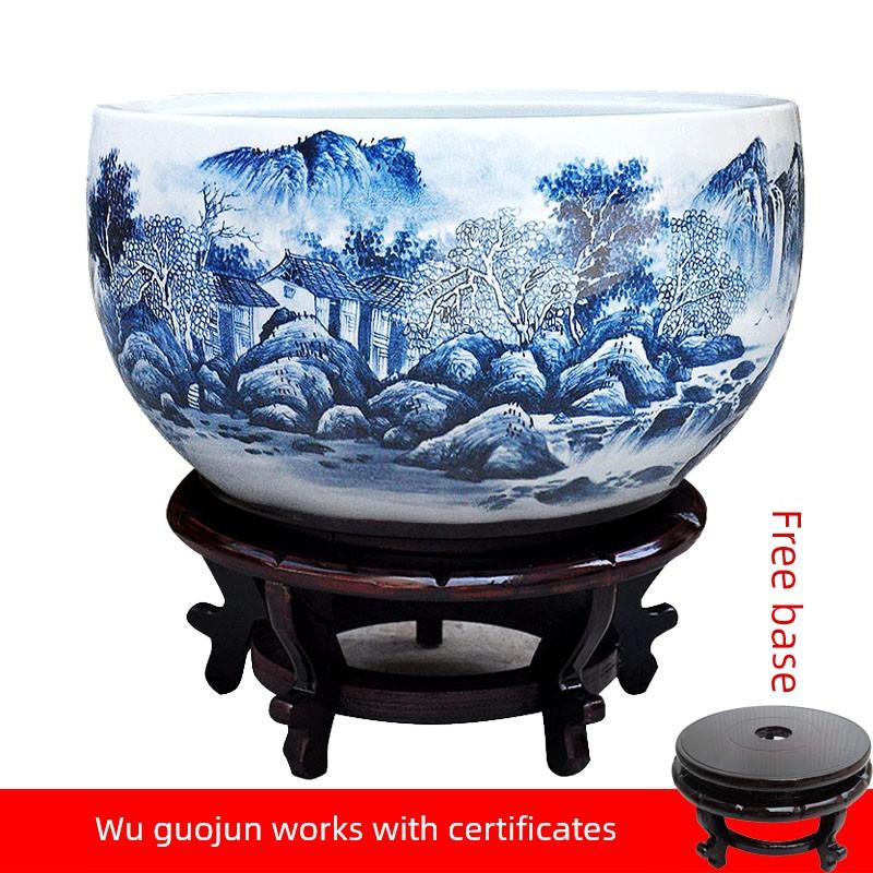 手绘名师吴国钧作品宝盆景德镇陶瓷鱼缸龟缸睡莲字画缸