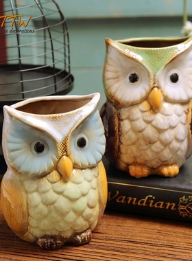 复古乡村油画风格陶瓷釉面彩色猫头鹰装饰笔筒花器家居摆件