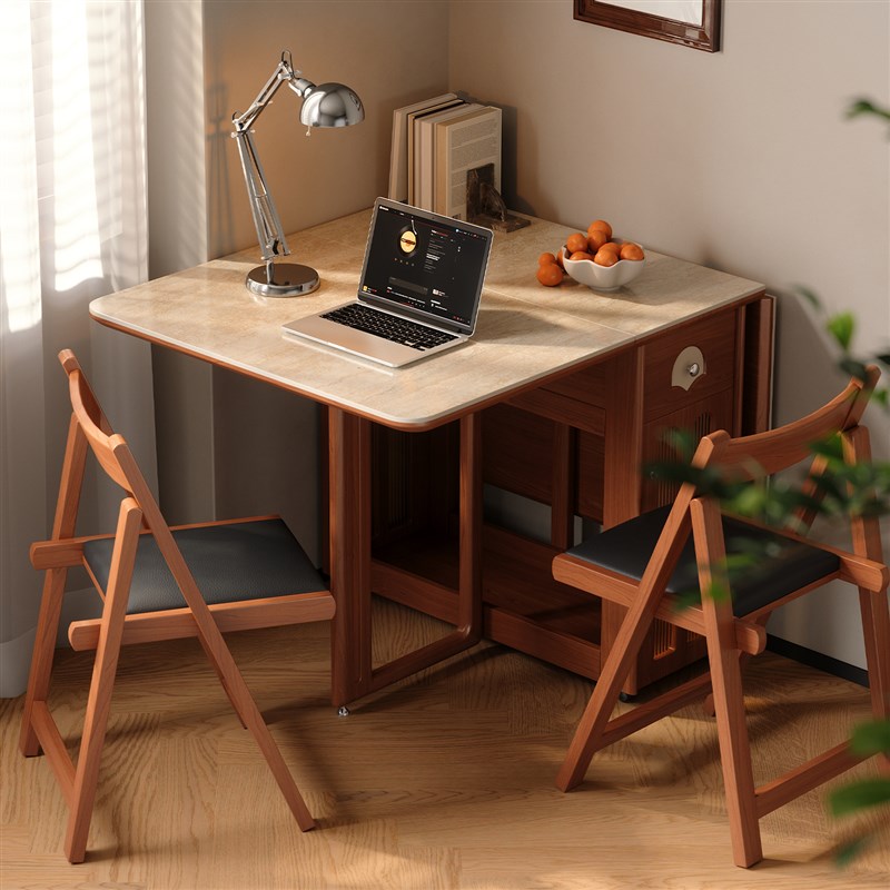 木小咖 实木岩板折叠餐桌小户型可伸缩正方形中古风餐桌椅