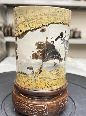 内有多款天然草花石头国画石奇石摆件黑檀木旋转底座圆柱毛笔笔筒