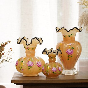 费灵家居中古风手工彩绘琉璃花瓶 复古厚重花器水培插花摆件