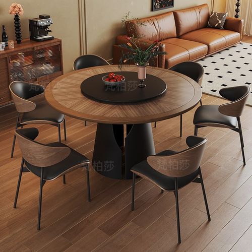 中古风圆桌实木纹理圆形岩板餐桌法式复古奶油家用高端带转盘饭桌