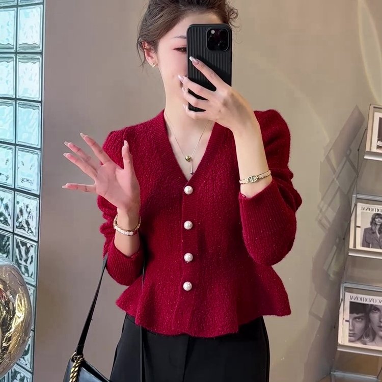 法式复古细闪鱼尾毛衣女秋冬季设计感纯色V领单排扣针织开衫外套