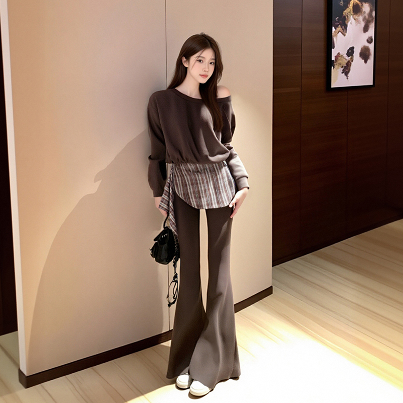 实拍港味休闲时尚套装女秋季新款斜肩长袖上衣卫衣微喇长裤两件套