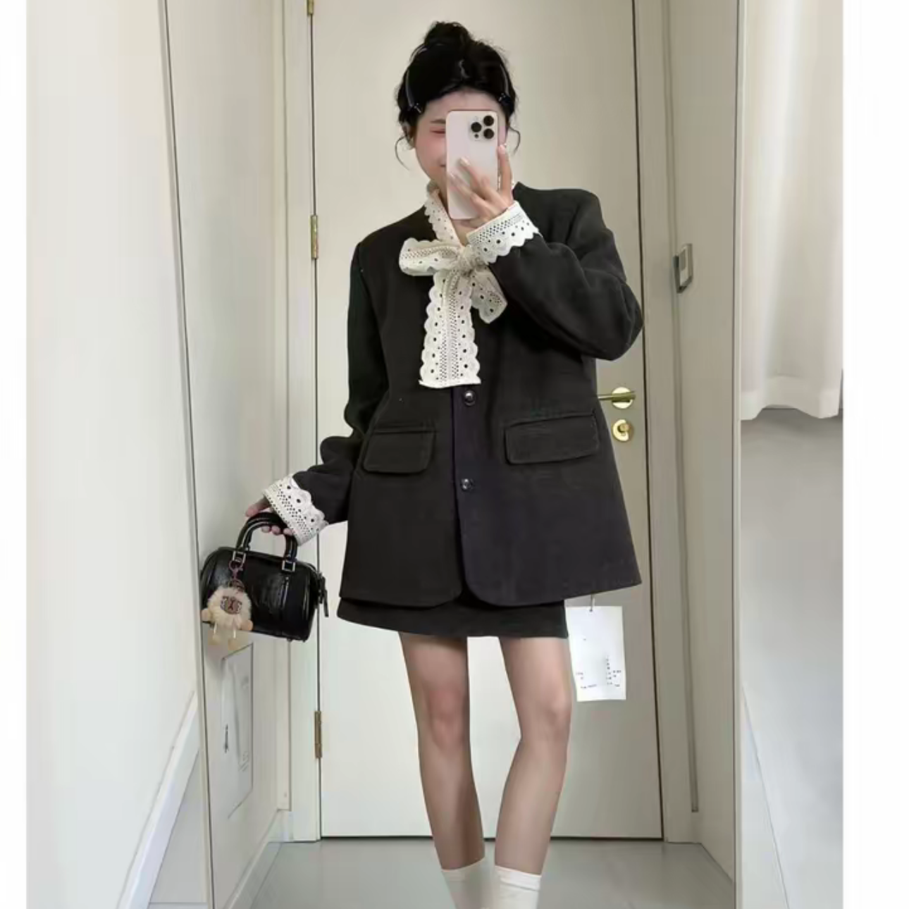 新款韩系穿搭蕾丝拼接毛呢西装外套搭配短裙气质两件套