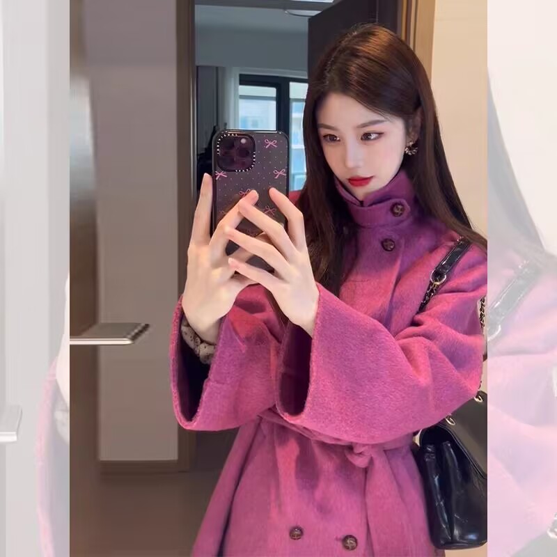 玫红色双面羊绒呢子大衣女2025秋冬新款韩系高级感小个子毛呢外套