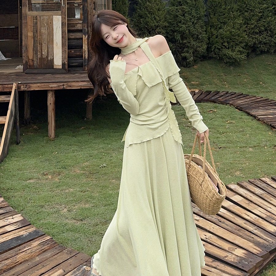 实拍温柔风秋季新款设计感一字肩针织上衣配半身裙别致两件套