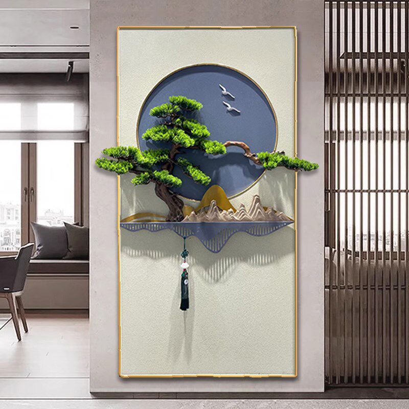 大气玄关装饰画壁灯入户门壁画迎客松走廊过道挂画3D立体岩板画